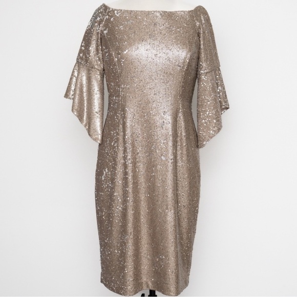 Antonio Melani Sabo Off The Shoulder Bell Sleeve Sequin Dress Champagne 4 NWT - Picture 4 of 16